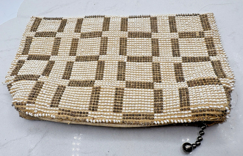 Vintage Microbeads White Beaded Evening Purse Geometric Design MCM Zip Clutch